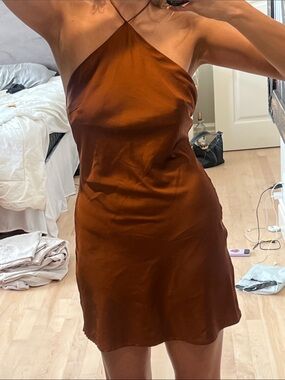Satin Halter Slip Dress in Burnt Copper